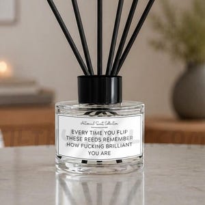 May include: A clear glass reed diffuser bottle with a black cap and six black reeds. The white label features the text: "EVERY TIME YOU FLIP THESE REEDS REMEMBER HOW FUCKING BRILLIANT YOU ARE" in black capital letters with a thin black border.