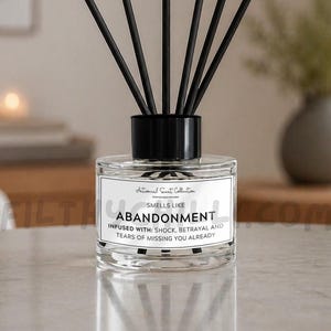 May include: A clear glass reed diffuser bottle with a black cap and six black reeds. The white label features the text "Artisanal Scent Collection," "SMELLS LIKE ABANDONMENT," and "INFUSED WITH: SHOCK, BETRAYAL AND TEARS OF MISSING YOU ALREADY."