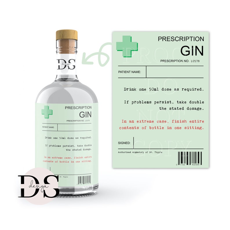 Prescription Gin Label Gin Bottle Sticker Gin Bottle Label Etsy