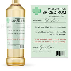Personalised Prescription Spiced Rum Bottle Label, Novelty Alcohol Gift