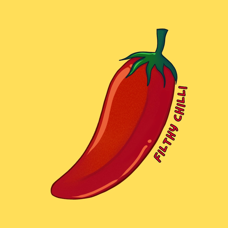 A yellow info graphic about the company Filthy Chilli. This logo is a red chilli pepper with writing Filthy Chilli on it.