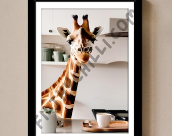 Giraffe Latte Art Print, Funny Kitchen Coffee Decor
