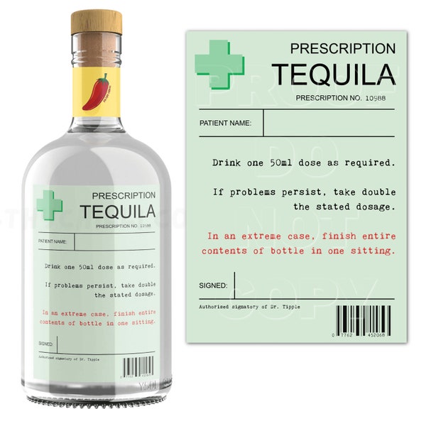 Prescription Tequila Label, Tequila Gift, Personalised Tequila Label, Tequila Bottle Label, Tequila Bottle Sticker, Emergency Tequila
