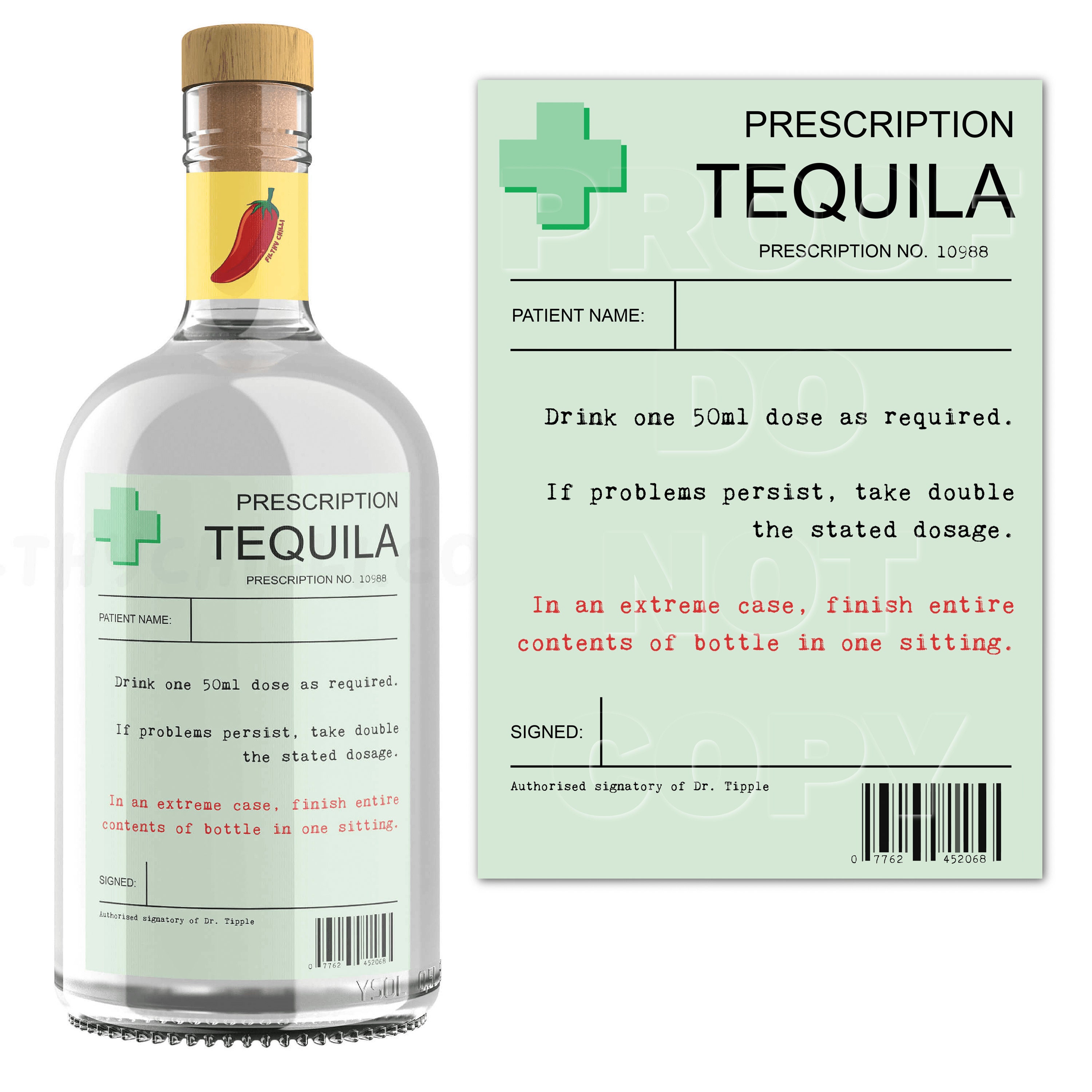 Étiquette de tequila avec ordonnance, cadeau tequila, étiquette de tequila personnalisée, étiquette de bouteille de tequila, autocollant de bouteille de tequila, tequila d'urgence,