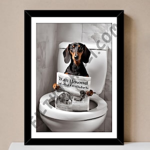 Dachshund Dog on Toilet with Newspaper, Toilet Prints, Funny Bathroom Print, Sausage Dog with The Paper, Bathroom Wall Art, Dachshund Gifts