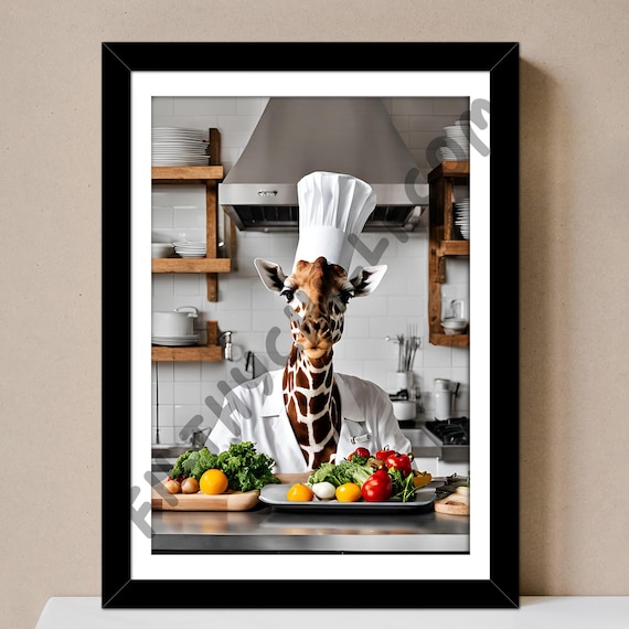 Giraffe Chef Kitchen Print, Restaurant Wall Art
