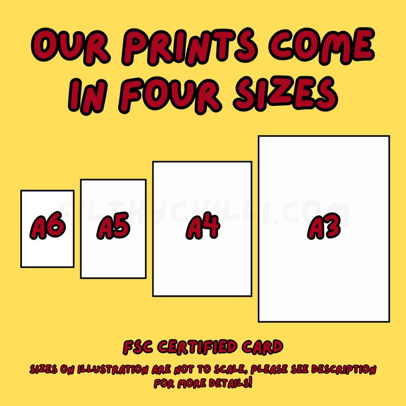 Puede incluir: Ilustraci&oacute;n de cuatro tama&ntilde;os diferentes de impresiones, etiquetados A6, A5, A4 y A3. El texto "OUR PRINTS COME IN FOUR SIZES" est&aacute; en la parte superior de la imagen. El texto "FSC CERTIFIED CARD" est&aacute; en la parte inferior de la imagen. El texto "SIZES ON ILLUSTRATION ARE NOT TO SCALE, PLEASE SEE DESCRIPTION FOR MORE DETAILS!" est&aacute; debajo del texto "FSC CERTIFIED CARD".