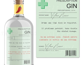 Personalised Prescription Gin Bottle Label, Funny Novelty Gift, Birthday Gifts