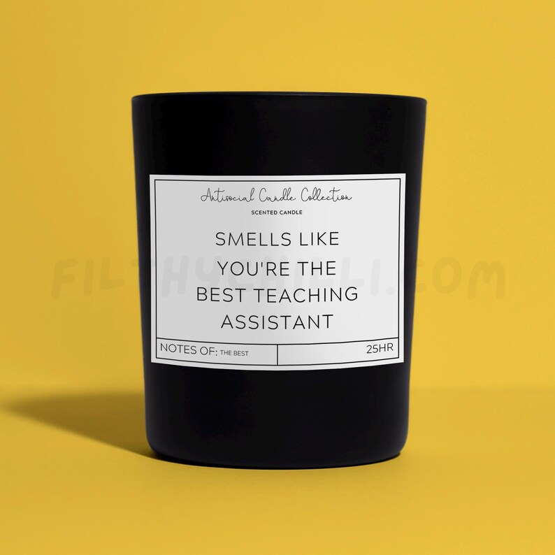 Funny Smells Like You're The Best Teaching Assistant Candle Gift. French Vanilla Scent with a Black Glass Container Jar. Made with Vegan Friendly Soy Wax