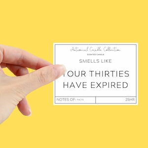 Funny Smells Like Your Thirties Have Expired Candle Label to stick onto your own candle.
