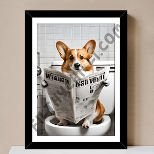 Cane Corgi sulla toilette con giornale, stampe per la toilette, divertente stampa da bagno, cane sulla toilette, cane con la carta, arte della parete del bagno, regali Corgi