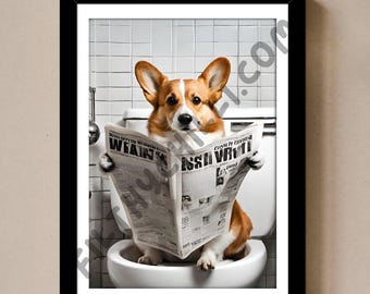 Divertido estampado de perro Corgi para el baño, arte de periódico para el inodoro