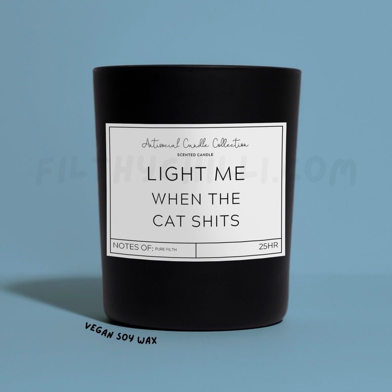Funny Light Me When The Cat Shits Candle. Candy Floss Scent with a Black Glass Container Jar. Made with Vegan Friendly Soy Wax