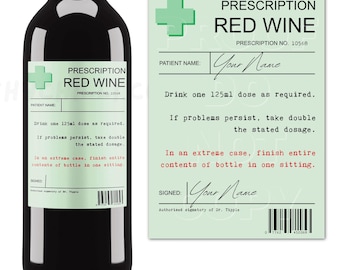 Etichetta personalizzata per bottiglia di vino rosso con ricetta medica, regalo di compleanno