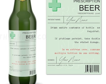May include: A green beer bottle with a gold label featuring a red chili pepper. The bottle has a prescription label that reads "Prescription Beer." A matching prescription card is next to the bottle, with instructions and a barcode.