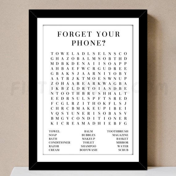 Funny Bathroom Word Search Print, Forget Your Phone, Toilet Sign
