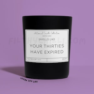 Funny Smells Like Your Thirties Have Expired Candle. Plum and Rhubarb Scent with a Black Glass Container Jar. Made with Vegan Friendly Soy Wax