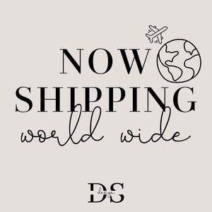 May include: Black and white graphic design with the text "NOW SHIPPING worldwide" and a small airplane flying over a globe. The text "DS design" is at the bottom of the image.