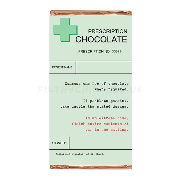 Prescription Chocolate Bar, Chocolate Bar Wrapper, Novelty Chocolate Wrapper, Personalised Chocolate Bar, Chocolate Gifts, Joke Gifts