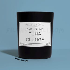 Funny Smells Like Tuna Clunge Candle Gift. Candy Floss Scent with a Black Glass Container Jar. Made with Vegan Friendly Soy Wax