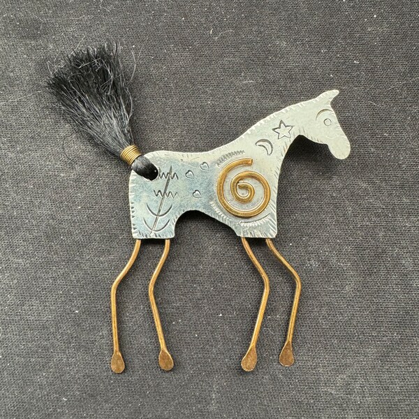 Vintage Marcia Q Miller Southwestern Horse Pony Artisan Brooch Pin - Tin, Brass, Copper, Fibers, Native American Symbols - Hand Made in USA