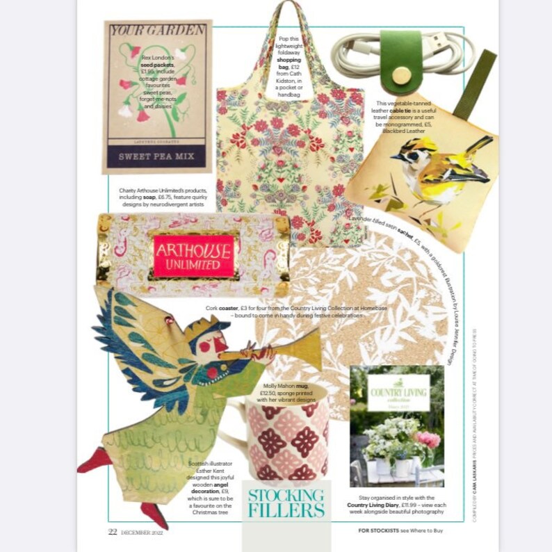 May include: A selection of stocking fillers for the festive season, featuring a cork coaster, a mug with a floral design, a wooden angel decoration, and a small leather cable tie with a bird illustration. The text "Stocking Fillers" is printed in large letters at the bottom of the image.