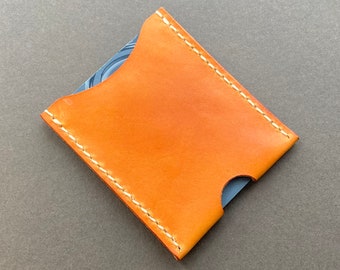Handcrafted minimalist leather card sleeve/slim/compact card holder in saddle tan