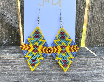 Les Earrings • Rhombus / Diamond Shape • Garrison Design • Marsala Red, Dusty Turquoise, Yellow, Cornflower Blue