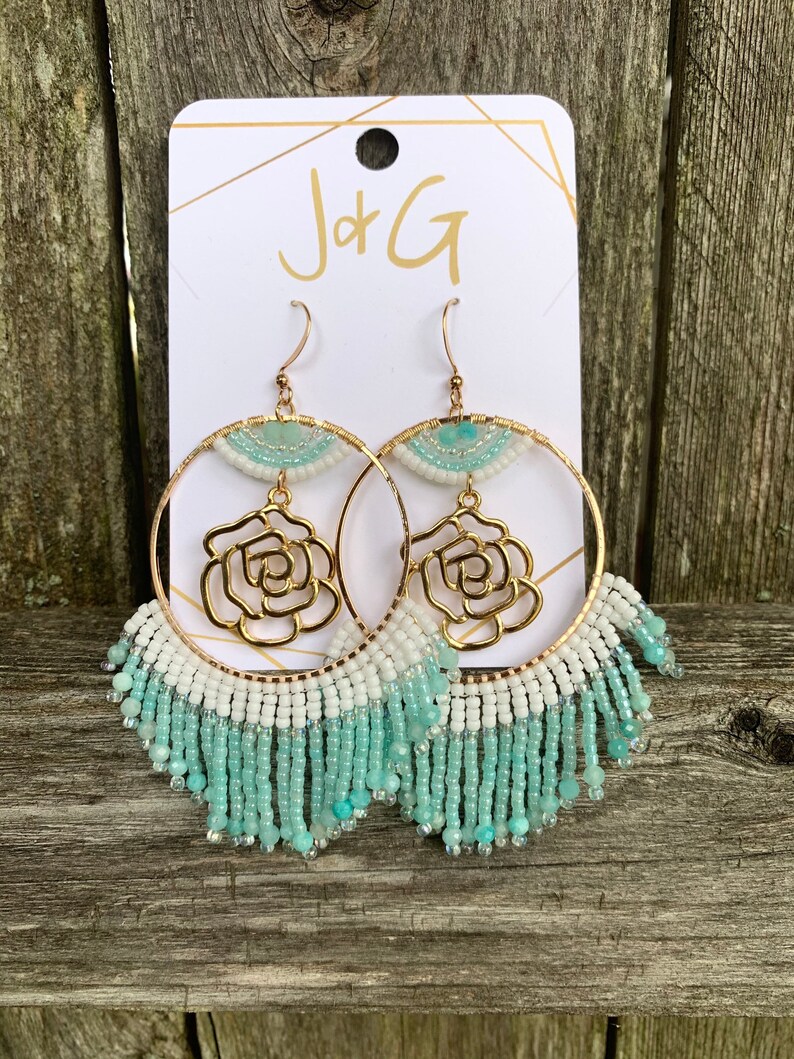Amazonite Beaded Hoops with Rose Charm \u2022 40mm Gold \u2022 White Blue