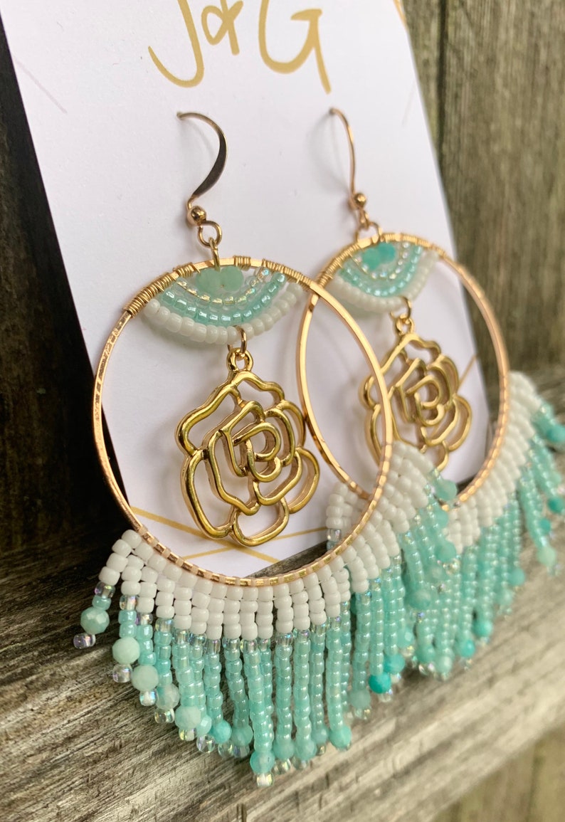 Amazonite Beaded Hoops with Rose Charm \u2022 40mm Gold \u2022 White Blue
