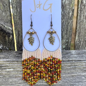 Zezzie Earrings • 4” Long • 30mm Bronze Teadrop, Oak Leaf, Apricot + Fall Festive Mix
