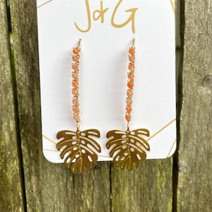 Ase Marquis Hook Earrings• 23mm Brass Monstera Leaf + 3mm Faceted Red Strawberry Quartz