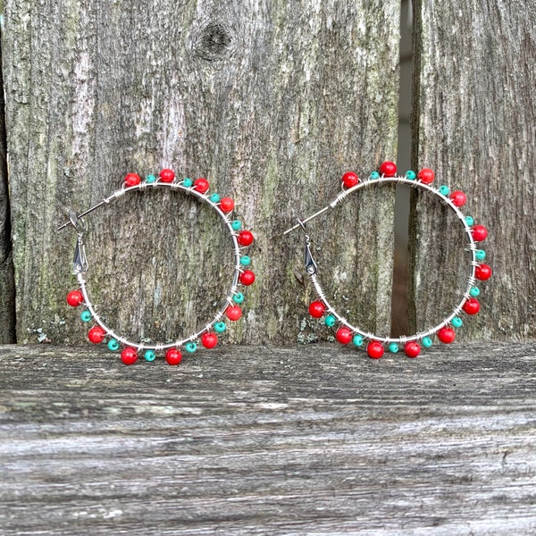 Whitney Hoops•35mm Silver•Turquoise +3mm Red Bamboo Coral