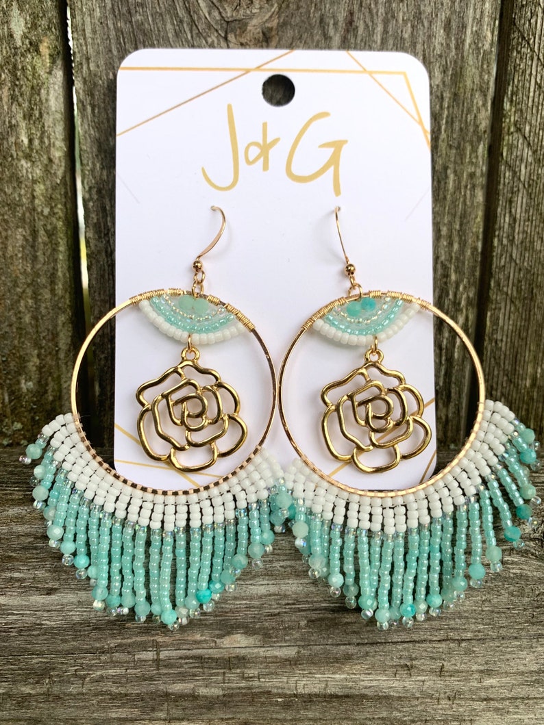 Amazonite Beaded Hoops with Rose Charm \u2022 40mm Gold \u2022 White Blue