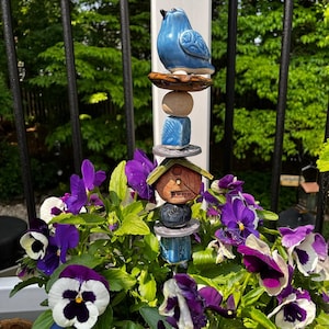 Blue Bird Garden Totem/Ceramic Nest with Eggs/Handmade Pottery
