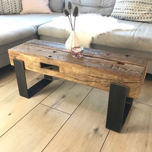 Beam table coffee table longboard steel frame oak beams reclaimed wood made to measure