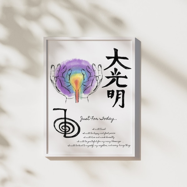 Reiki Print, with Reiki Level I, II, and master symbols: Cho Ku Rei, Dai Ko Myo symbols, chakra hands, reiki principles. Meditation / yoga