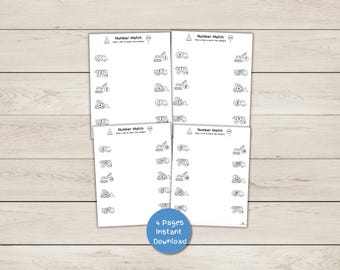 Number Worksheets - Construction Vehicles - Match Numbers 1-20 - PDF