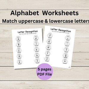 Hojas de trabajo del alfabeto - Reconocimiento de letras - Emparejar letras mayúsculas y minúsculas - Hojas de trabajo imprimibles - Archivo PDF