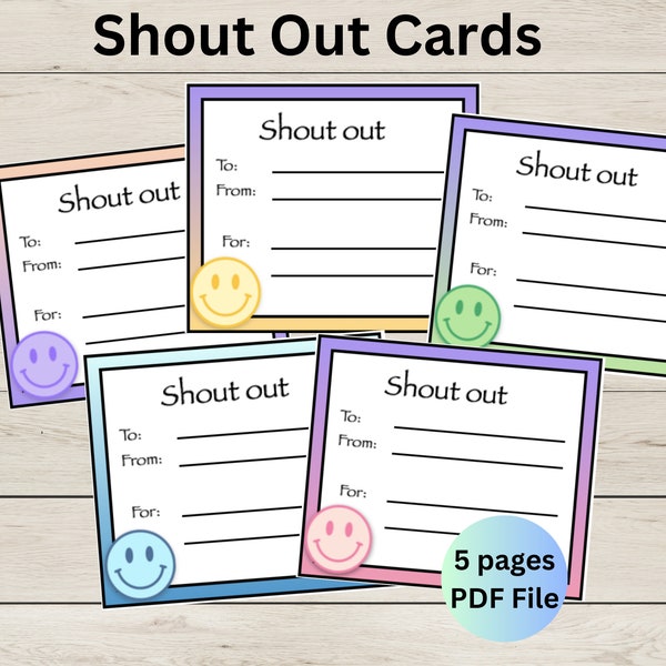 Teacher Shout Out Cards - Happy Face - Parent Shout Out Cards -  Printable PDF File -Encouragement Cards - Smiley Face Compliment Cards