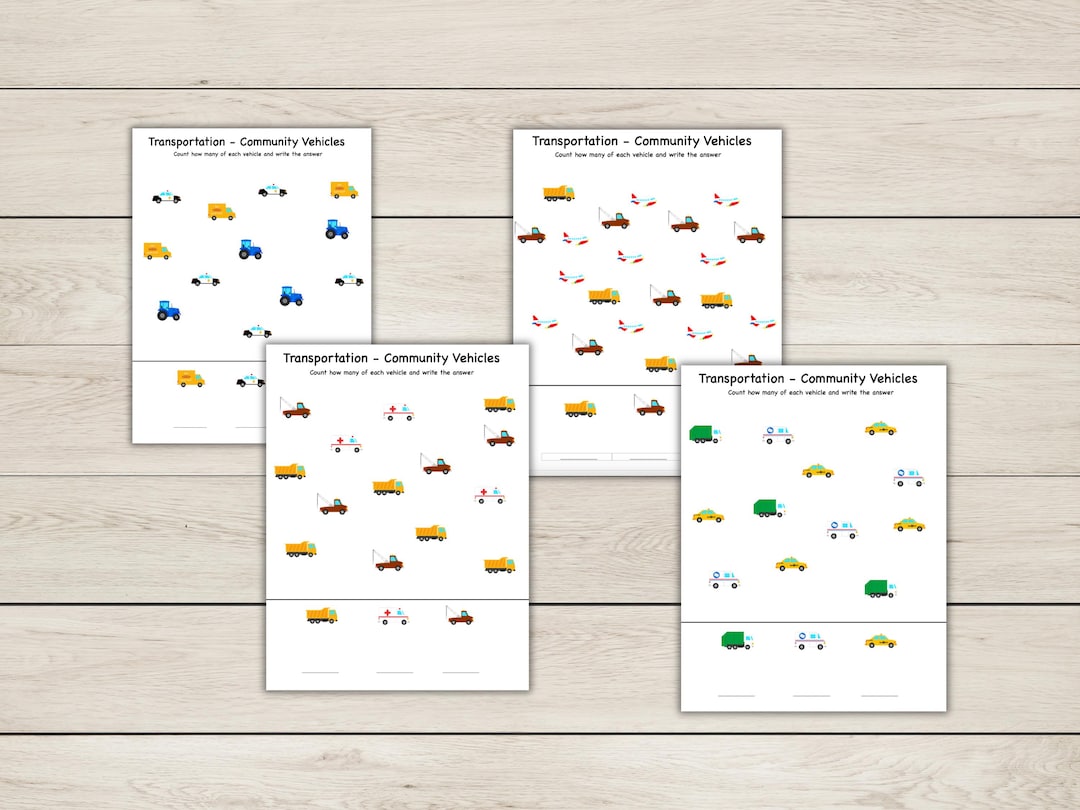 Counting Worksheets - Transportation and Community Vehicles - Etsy