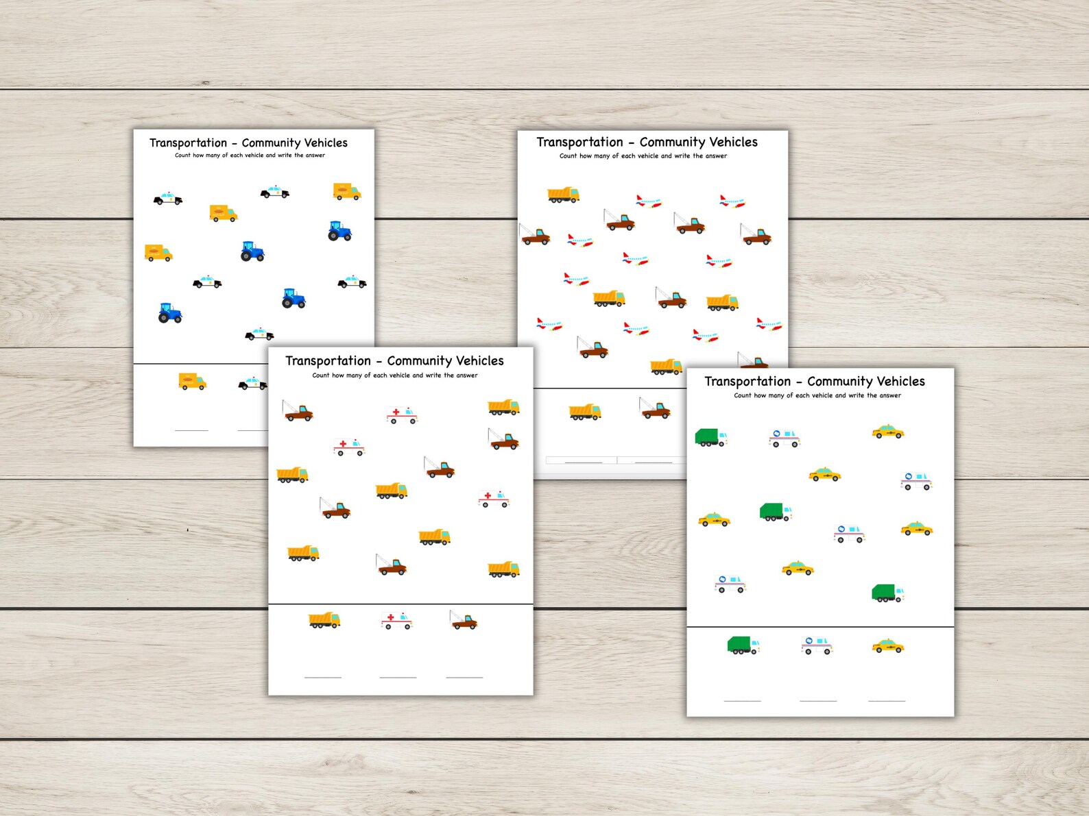Counting Worksheets - Transportation and Community Vehicles - Etsy