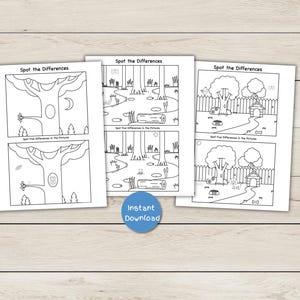 May include: Three black and white "Spot the Differences" activity sheets. Each sheet features two images with slight variations. The sheets are on a light wood surface. A blue circle with "Instant Download" is in the center.