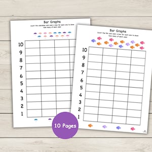 May include: Two printable worksheets for kids to practice creating bar graphs. The first worksheet features a row of umbrellas in four colors: pink, blue, purple, and orange. The second worksheet features a row of fish in four colors: orange, pink, purple, and blue. Both worksheets have a grid with numbers 1 through 10 on the left side.