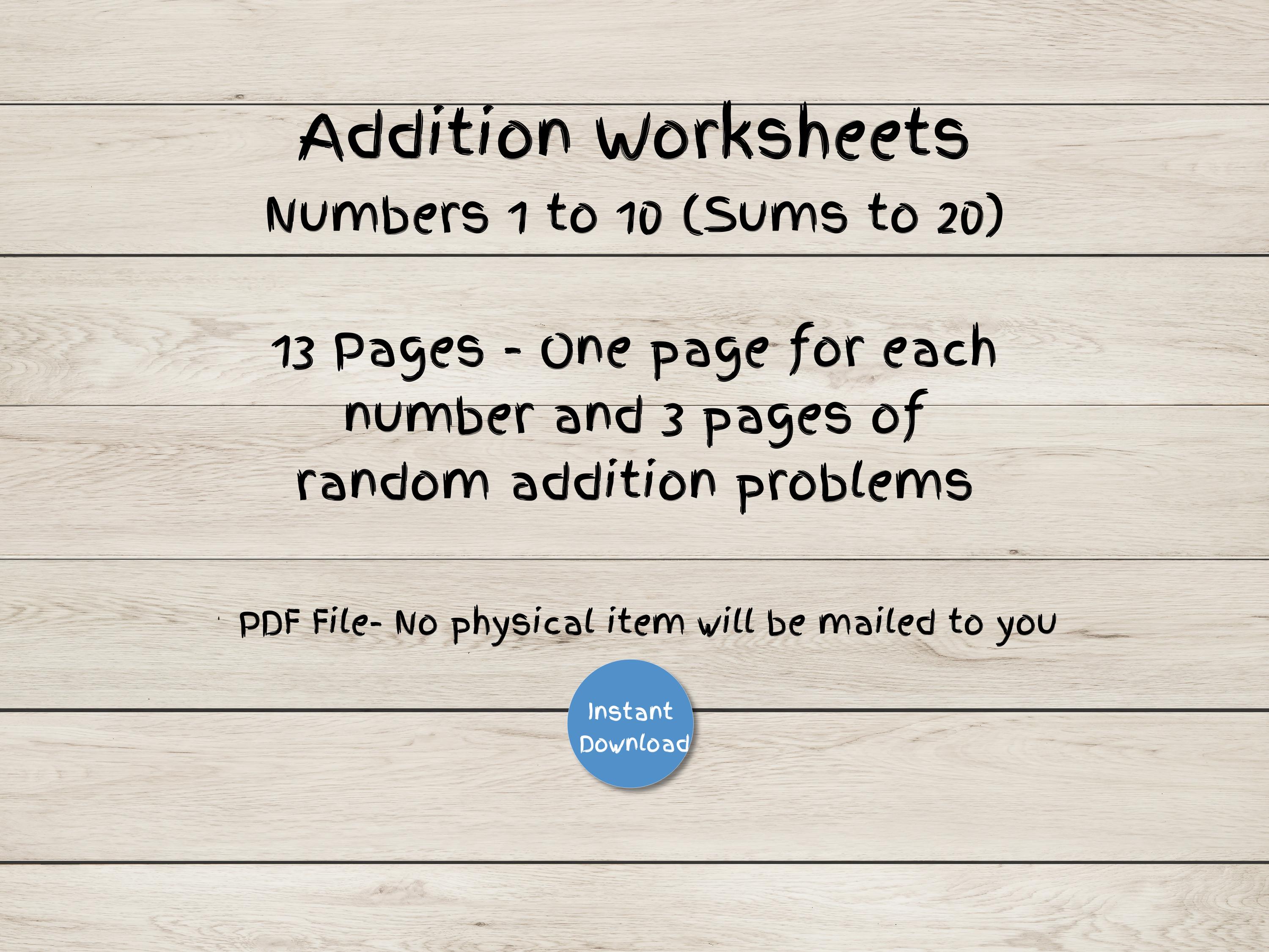 Addition Worksheets - Numbers 1-10 Sums to 20 - Math Practice - PDF - Etsy