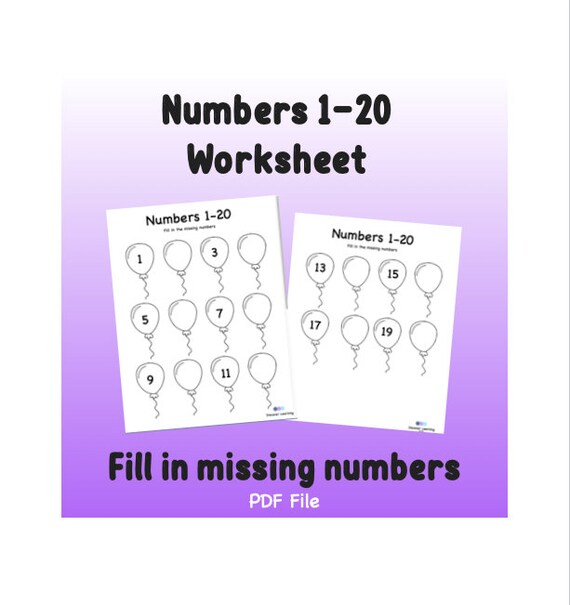 numbers worksheets numbers 1 to 20 fill in missing numbers etsy
