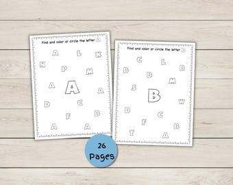 Alphabet Search - Find and Color Letters - Letter Recognition Worksheets - 26 Pages - PDF File