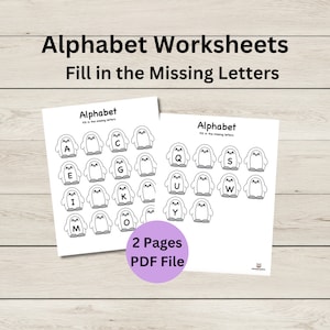 Hojas de trabajo del alfabeto - Completa las letras que faltan - Pingüinos - Hojas de trabajo imprimibles - Archivo PDF