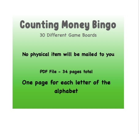 Money Bingo Coins and Bills , 30 Different Game Boards Call Cards ...