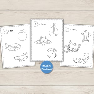Páginas para colorear del alfabeto: A es de manzana - 26 páginas - Una página para cada letra - Descarga instantánea